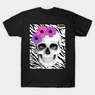 Skull With Flowers (On Zebra Print Background) T-Shirt